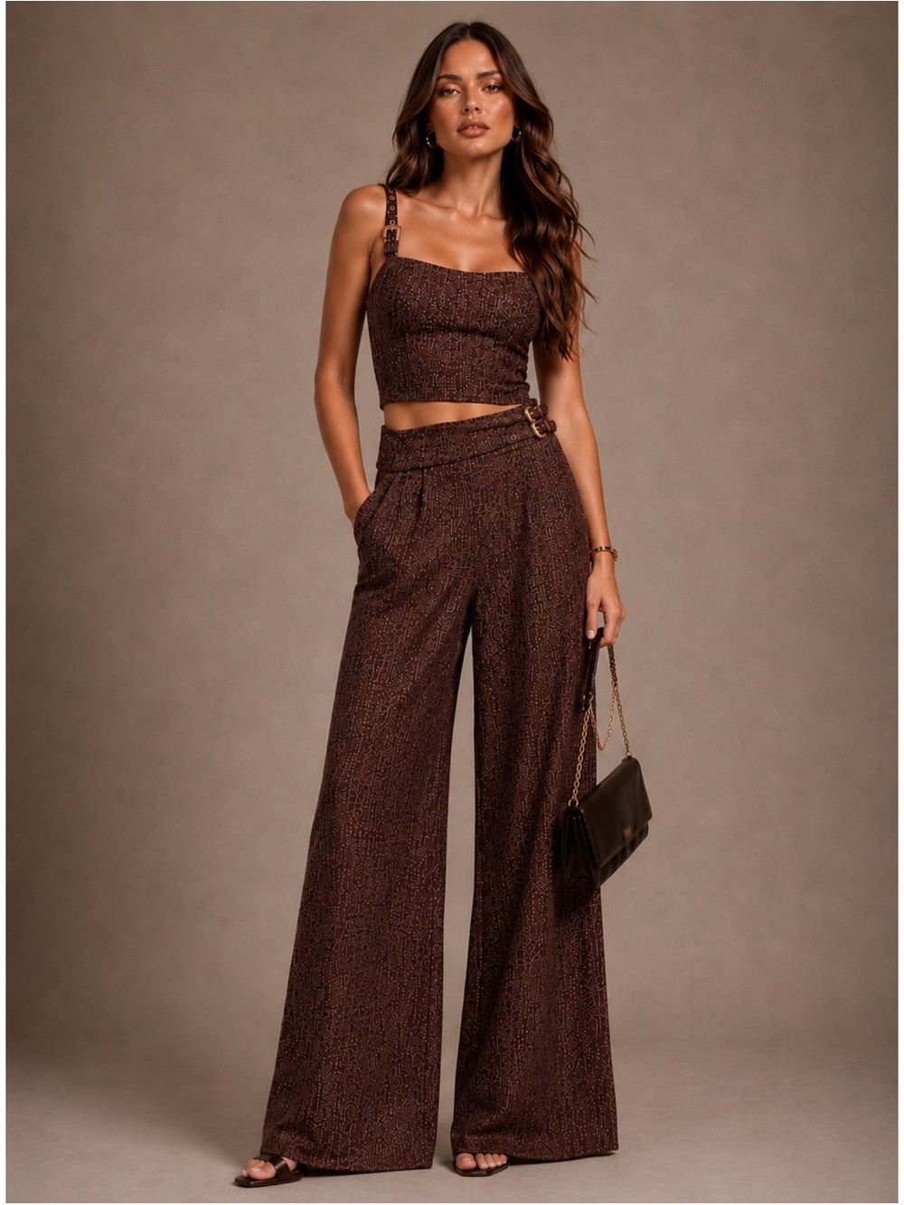 NWT Tweed Side Buckle Wide-Leg Pants - Burgundy